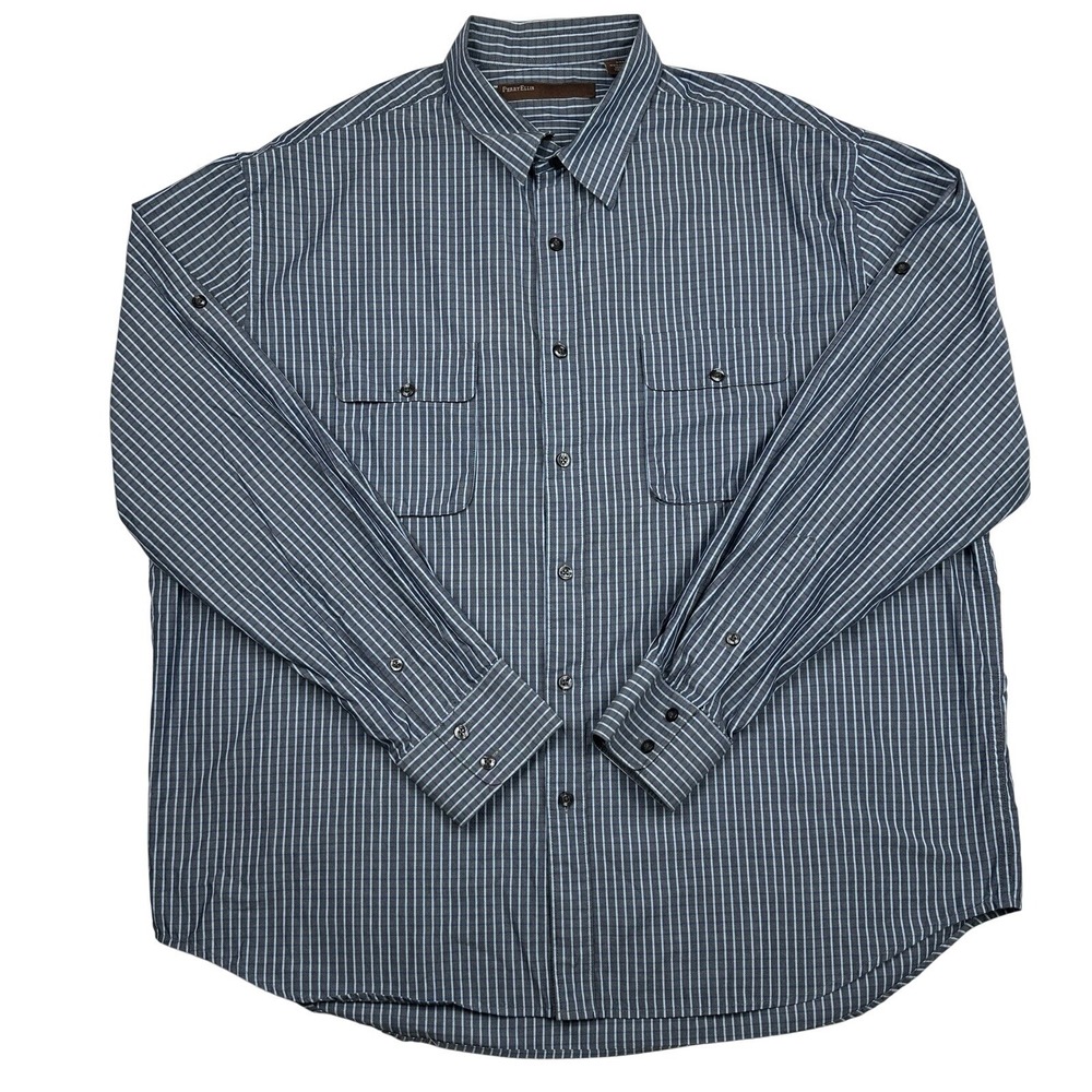 Perry‎ Ellis Men's Blue White Pinstripe Long Sleeve Button Up Shirt XXL Cotton
